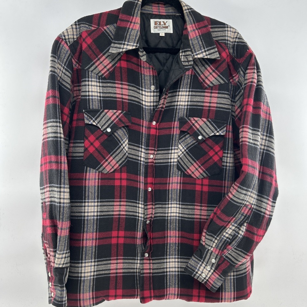 Ely Cattleman Men's L Plaid Flannel Jacket Insulated Red Blue Pearl Snap Vintage
